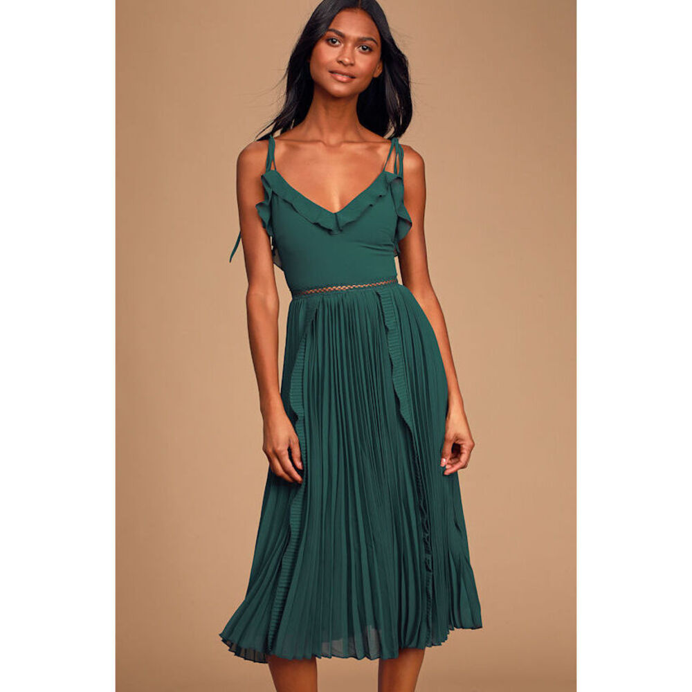 Lulus Never A Dull Moment Emerald Green Tie-strap Pleated Midi Dress - Size S